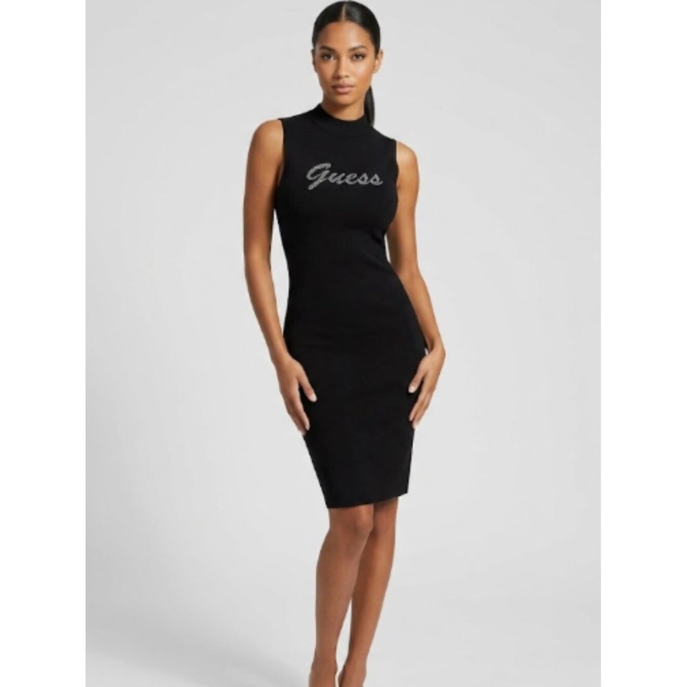 Guess Rhinestone Sleeveless Mock Bodycon Stretchy Black‎ Dress Size XL Sexy!